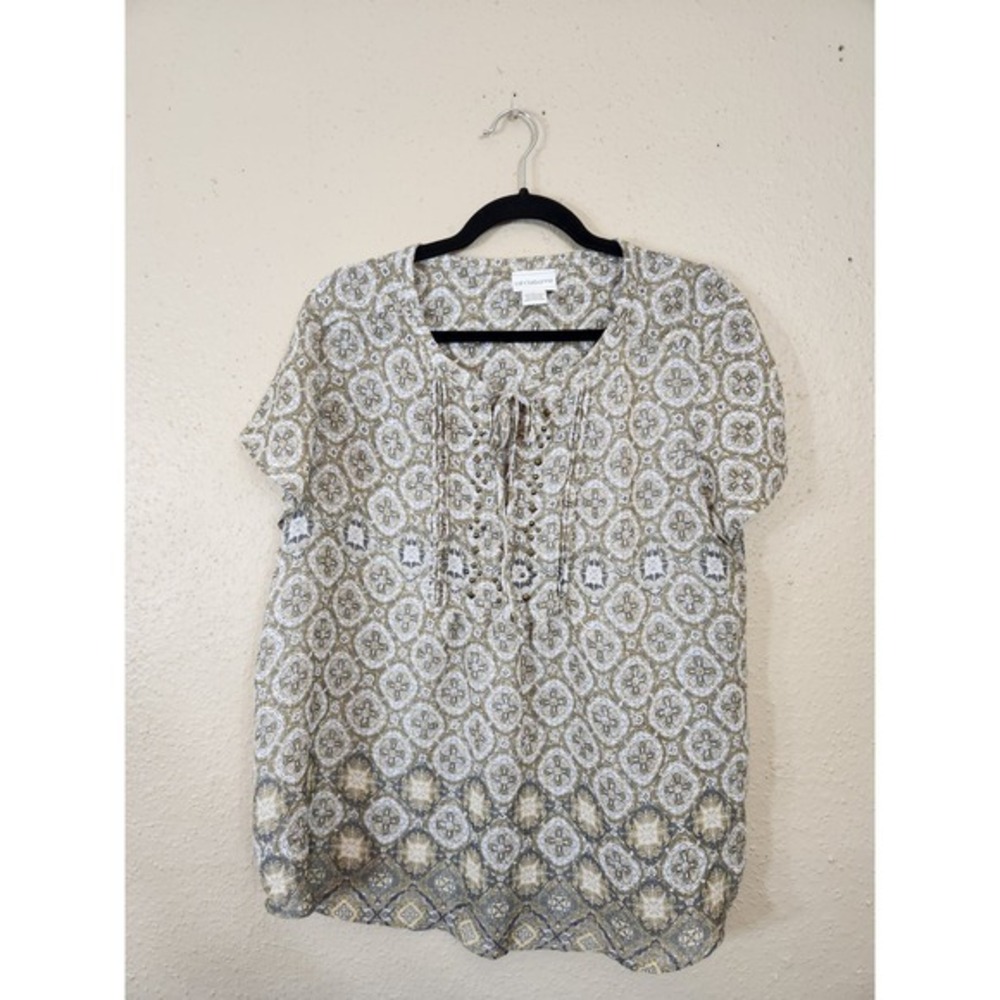Liz Claiborne Floral Print Blouse Short Sleeve Tie Neck Top Women's L